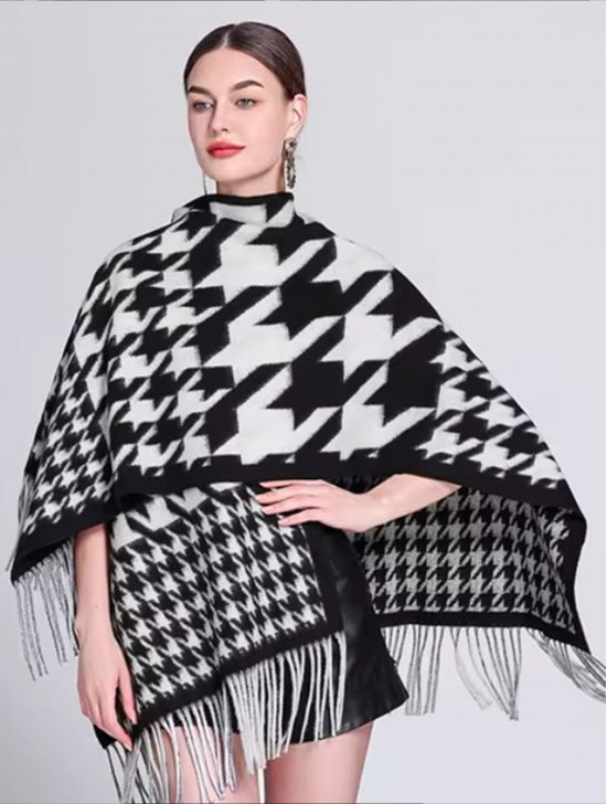 Premium Soft Houndstooth Cape W/ Fringes